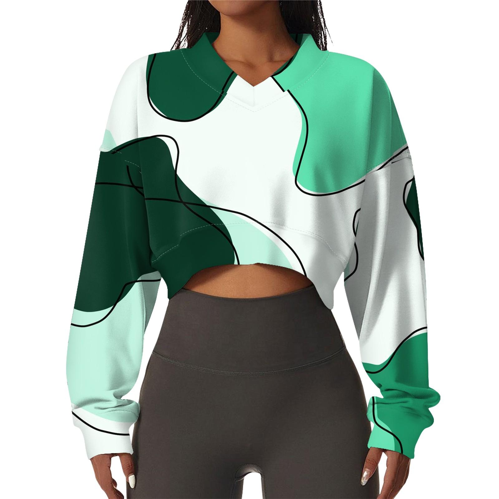 

Женская повседневная модная сексуальная удобная спортивная толстовка с V-образным вырезом и длинным рукавом с геометрическим принтом S зелёный