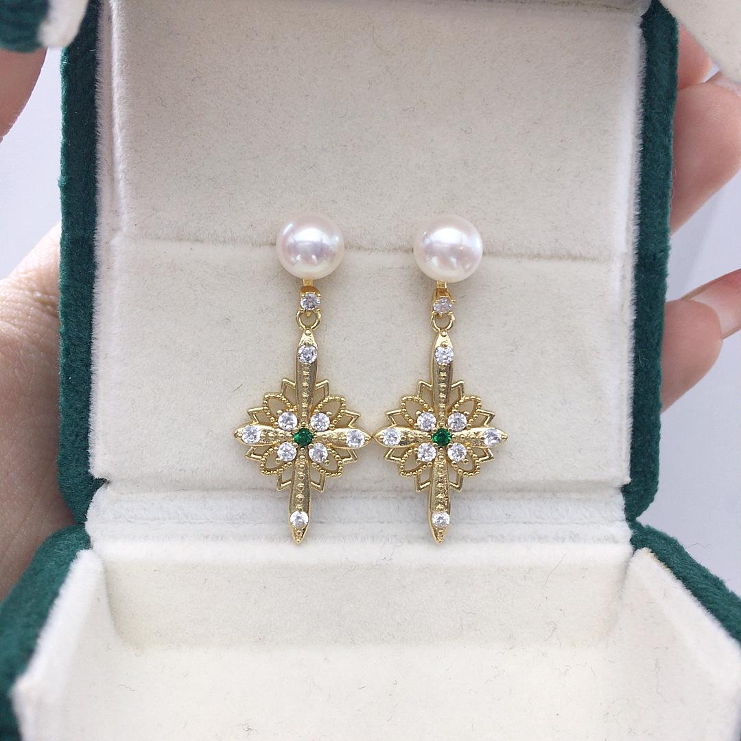 Natural Freshwater Pearl & Vintage Zircon Cross Stud Earrings for Women