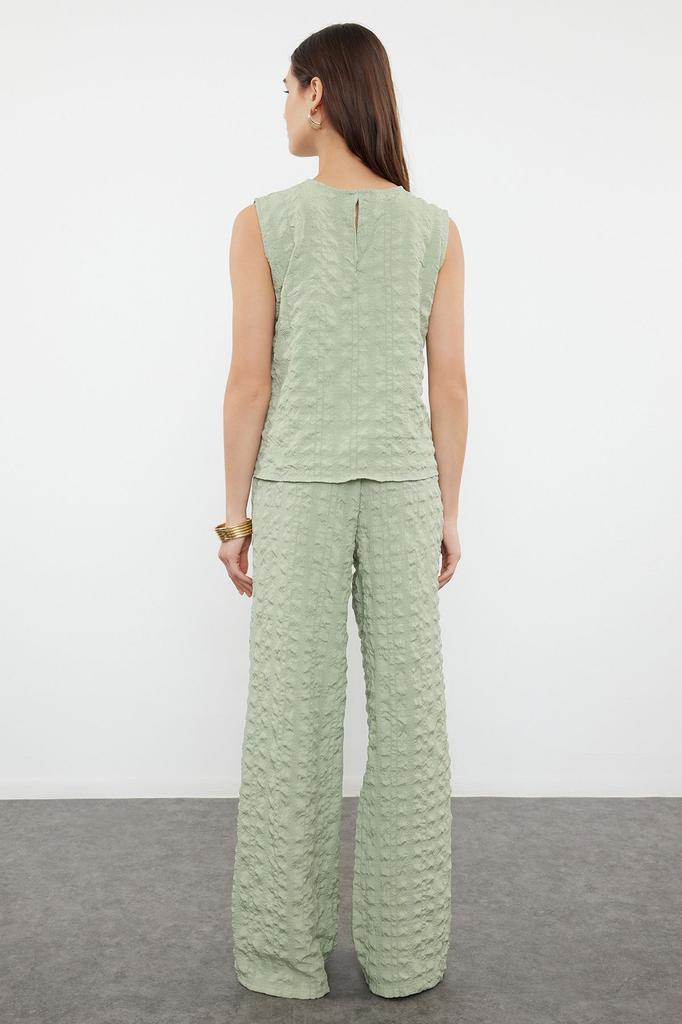 Women's Fashion Mint Woven Wrap Blouse Trousers Top-Bottom Set