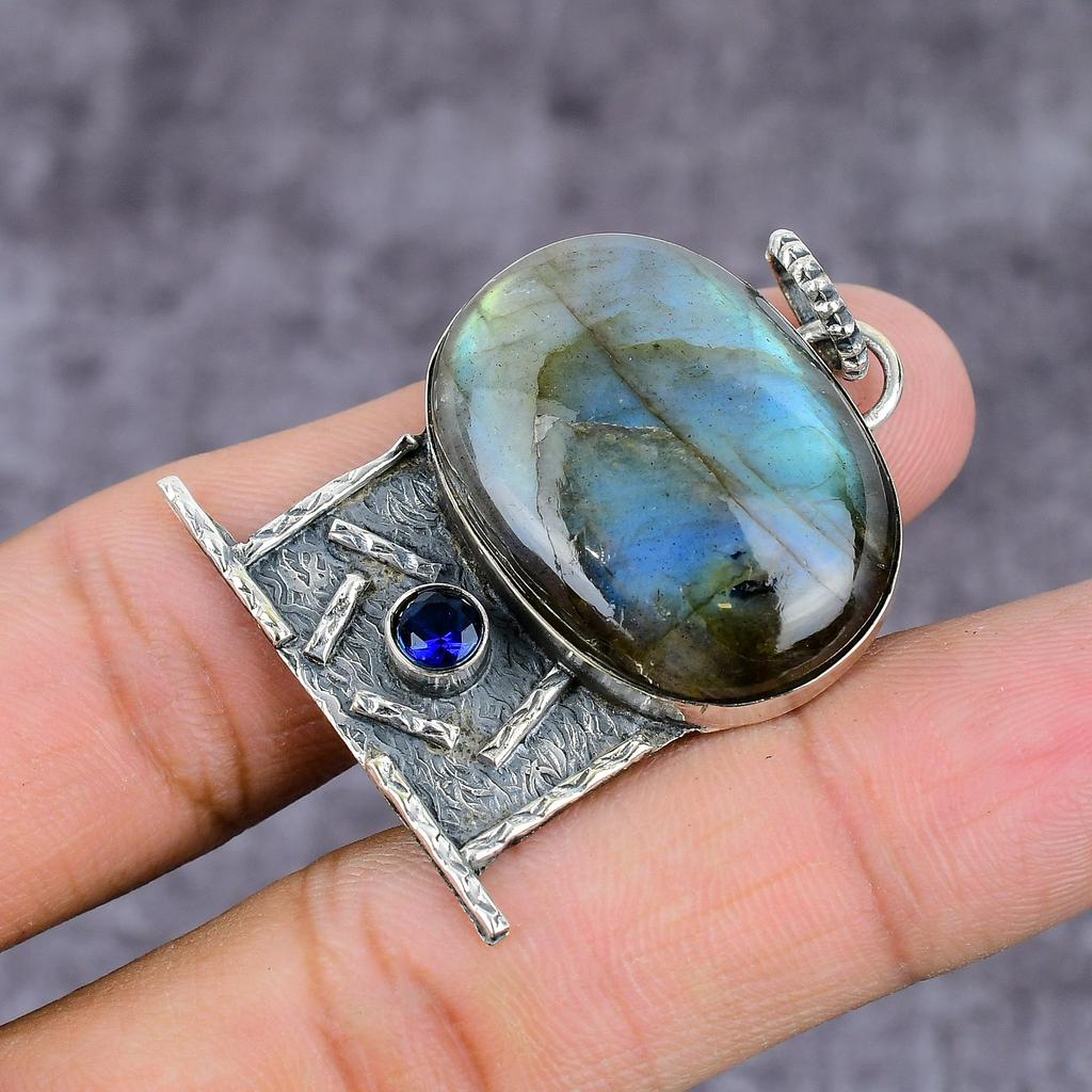 Natural Labradorite, Blue Topaz Gemstone 925 Sterling Silver Pendant 2.17" ET-1512