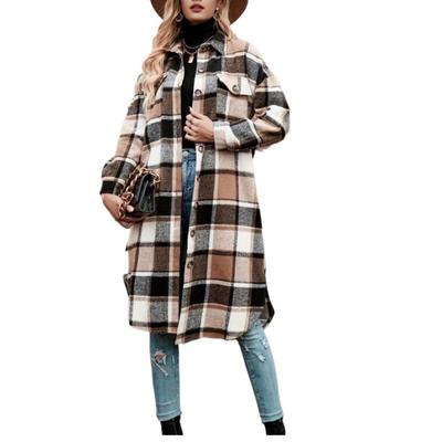 Women's Mid-Length Plaid Long Sleeve Loose Woolen Coat for Autumn/Winter, Plus Size