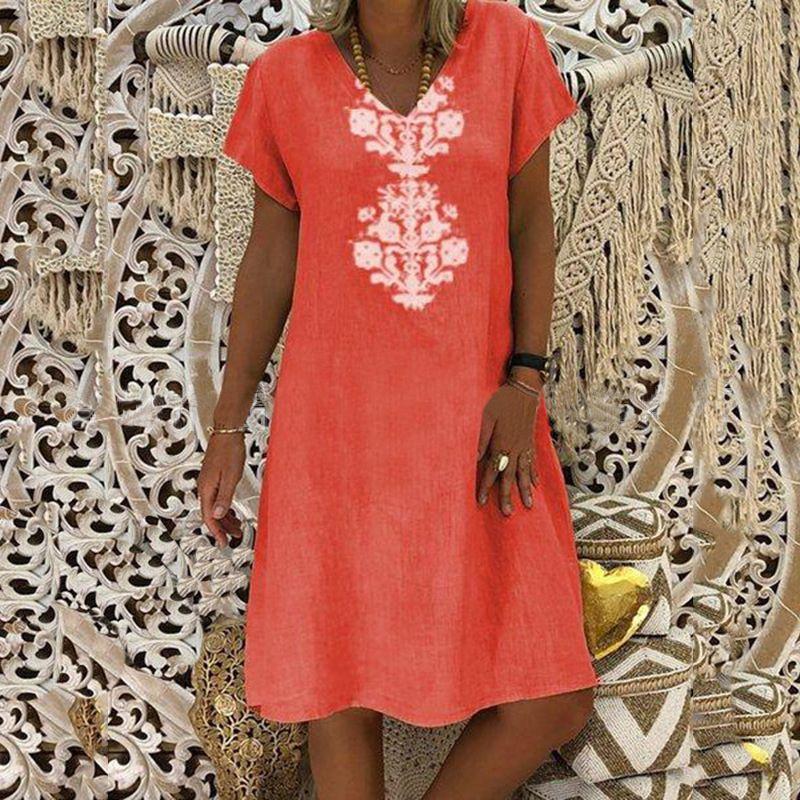 Versatile Women's Baggy Loose Short Sleeve V-neck Linen Kaftan Madi Dress Perfect For Daily Wear And Beach Outings