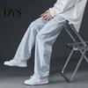Strong Denim Fabric Overalls Men Jeans Wide Leg Pants Baggy Trouser Fashion Loose Retro Straight Solid-color Waist Button Long Washed Blend