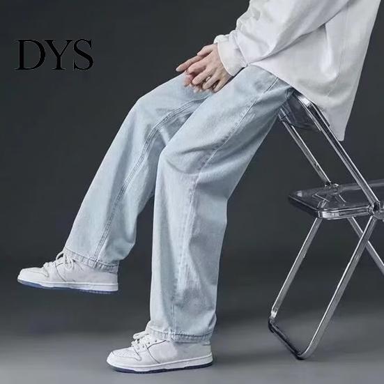 Strong Denim Fabric Overalls Men Jeans Wide Leg Pants Baggy Trouser Fashion Loose Retro Straight Solid-color Waist Button Long Washed Blend