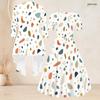 Women Plus Size Geometric Printed Two Piece Set Square Neck Short Sleeve Tie Waist Flared Dress And Three Quarter Sleeve Cardigan