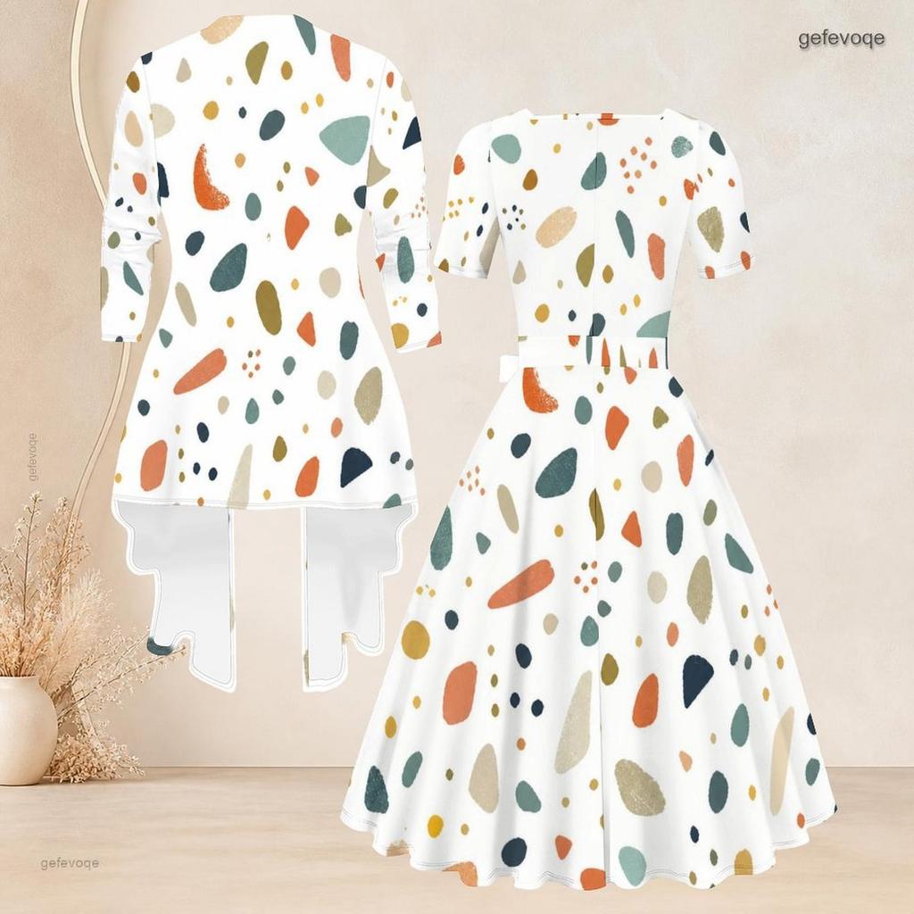 Women Plus Size Geometric Printed Two Piece Set Square Neck Short Sleeve Tie Waist Flared Dress And Three Quarter Sleeve Cardigan