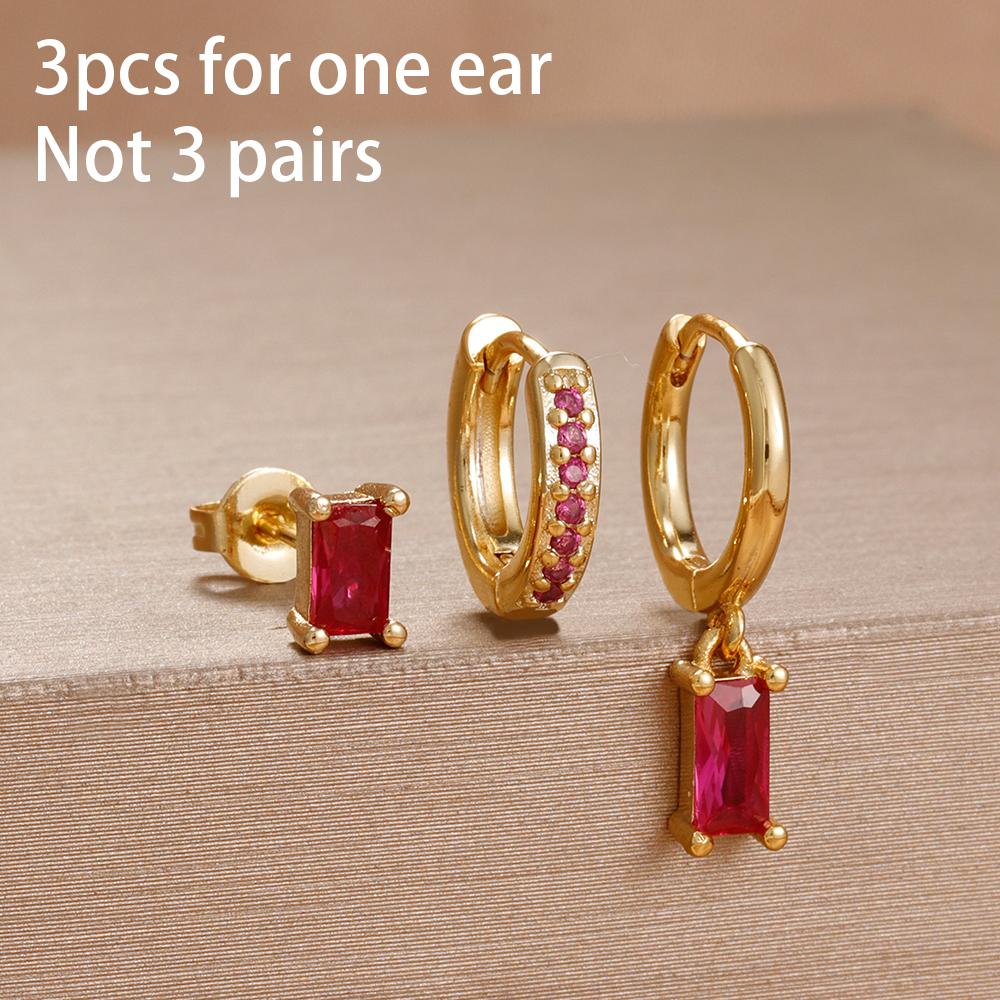 3PCS Rose Red Cubic Zircon Stainless Steel Hoop Earrings Set 18K Gold Plated Huggie Pendant Piercing Earring Women's Jewelry