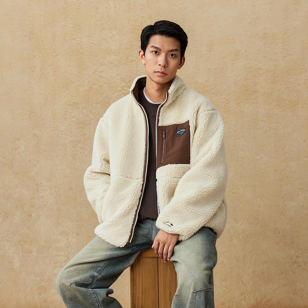 Li Ning Sportovní Módní Série Fleecová Teplá Ležérní Všestranná Volná Stojáček Větruodolná Fleecová Bunda Unisex Bunda Mlha-Khaki AFDUC95-5