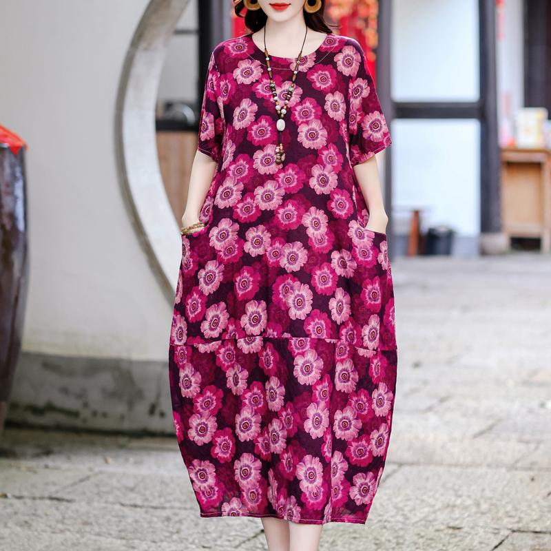 Vintage potisk Dlouhé šaty pro ženy Nadměrná velikost Volný Krátký rukáv Móda Elegantní Dámské šaty Letní Vintage oblečení
