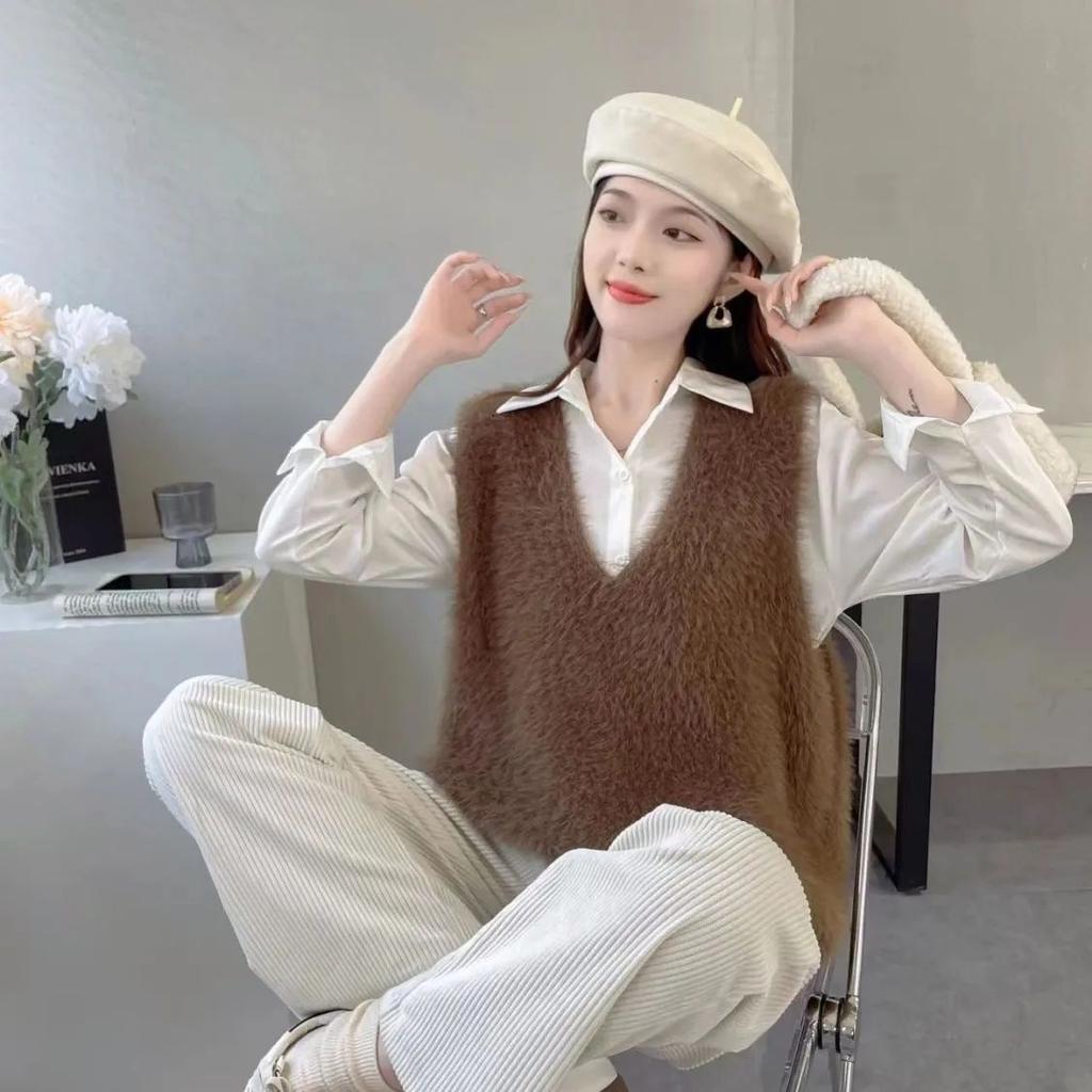 Autumn Winter Faux Mink Knit Vest Sweater Women Sleeveless Loose Short Outerwear Korean Style Fashionable