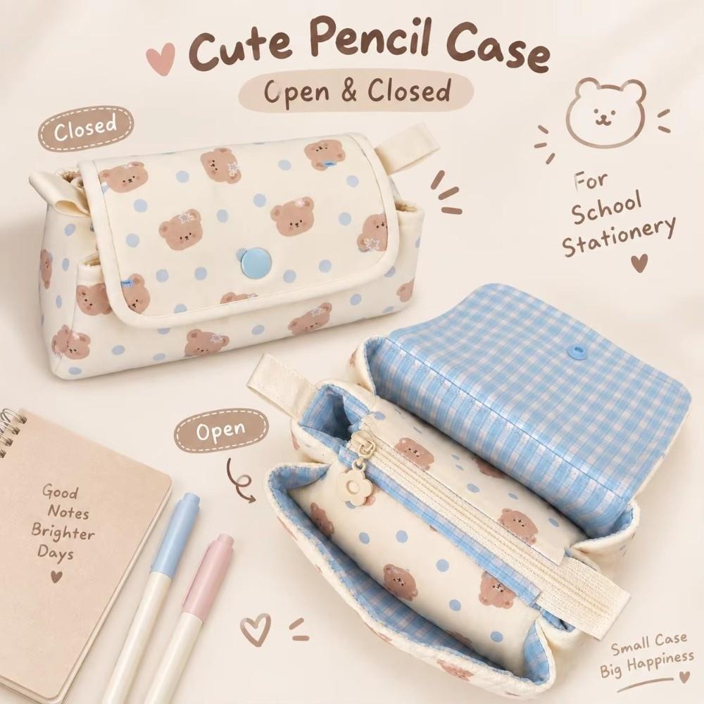 Bear Printed Pencil Pouch Button-closure Pencil Case Cute Pen Bag  School Supplies