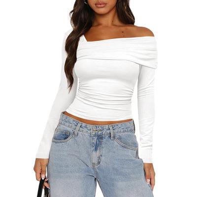 Women's Spring-autumn Solid Color One-shoulder, Long-sleeved Open-back, Smocked Top T-shirt