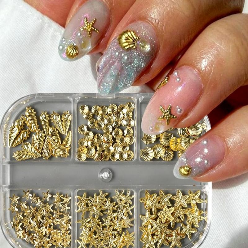 6 Grilles Charms 3D pour Ongles Coquillage Doré Étoile de Mer Conque Décor pour Manucure DIY Design Débutants