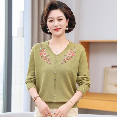 Gestrickte Strickjacke mit V-Ausschnitt und Stickerei für reife Frauen - Frühling/Herbst Mutter-Oberteil