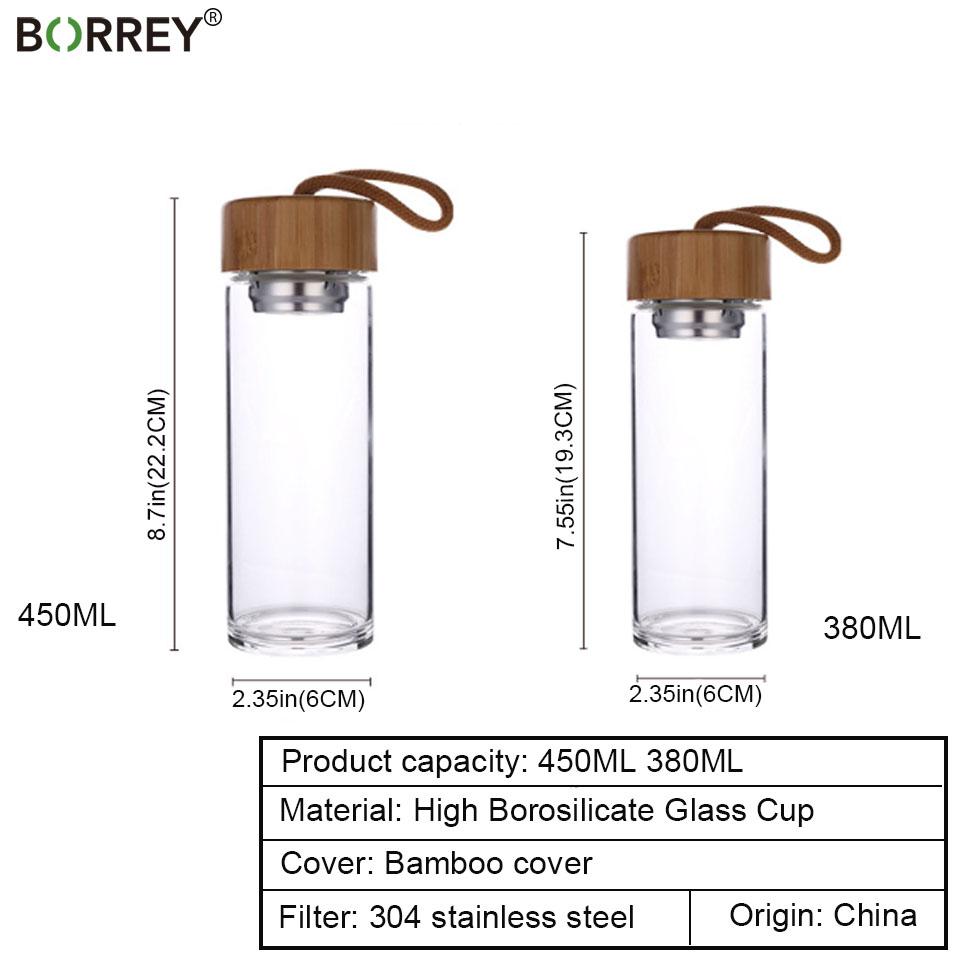 BORREY 450Ml Bottiglia da tè Bottiglia d'acqua in vetro con filtro Bottiglia d'acqua sportiva in vetro Coperchio in bambù Bicchieri da ufficio Bottiglia d'acqua
