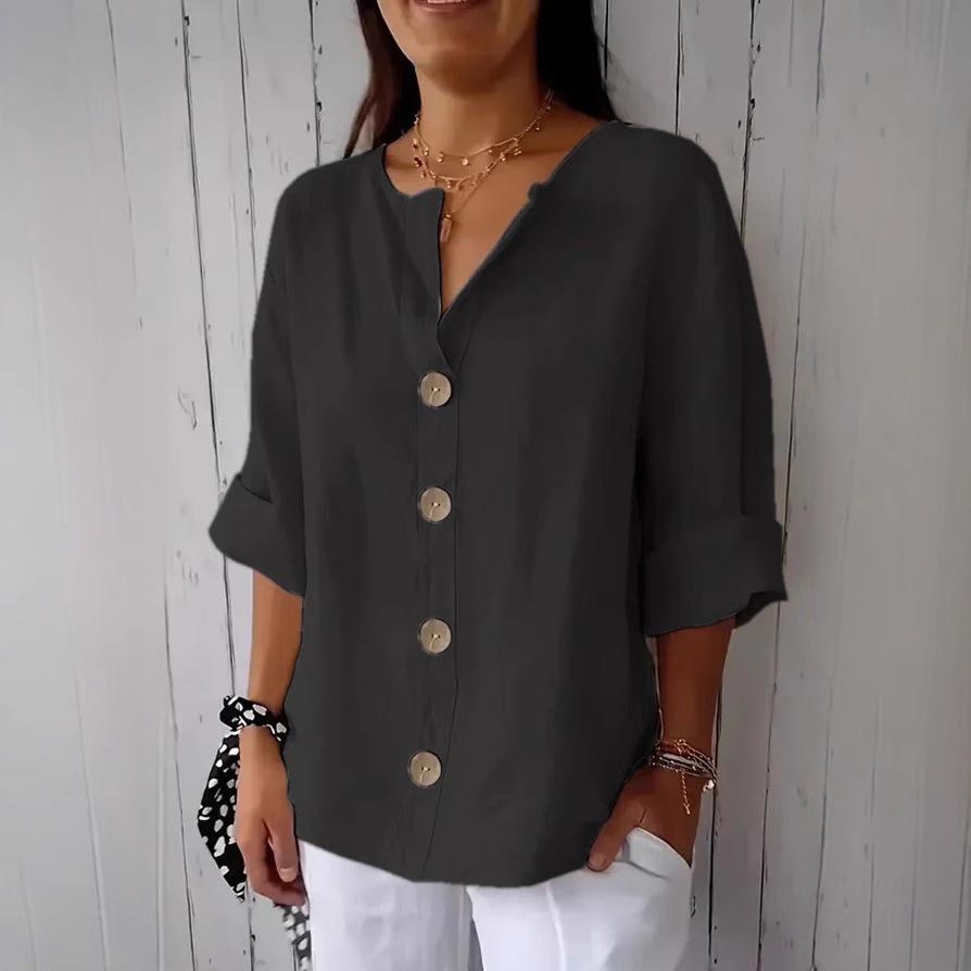2025 Neues Sommer Lockeres T-Shirt Damen V-Ausschnitt Baumwolle und Leinen Knopf-Tops