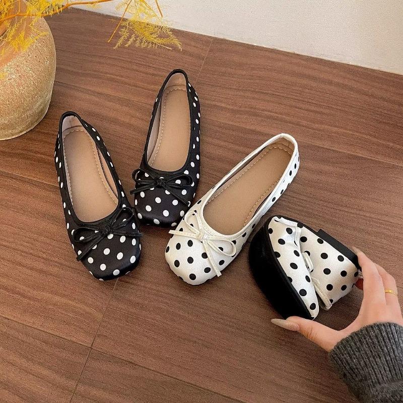 Polka Dot Bow Flat-soled Single Shoes Soft-soled Comfortable Office Workers Commuter Casual Shoes Square Head Spring and Summer Women's Shoes