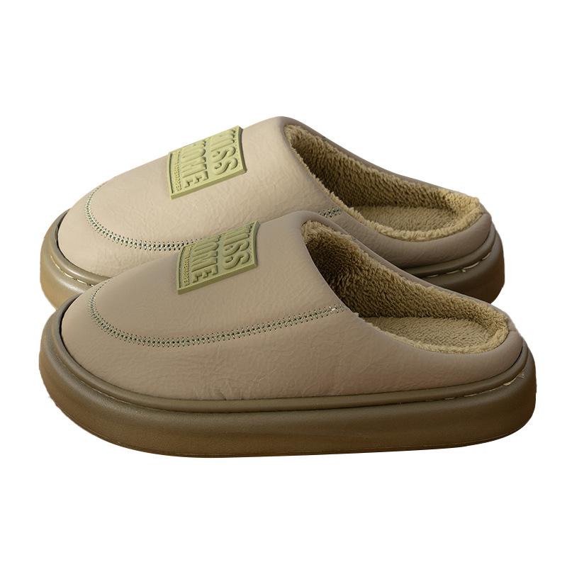 New Mid-to-high-end PU Leather Slippers Winter Couple Home Thick Bottom Heightening Velvet Warm Non-slip Cotton Slippers