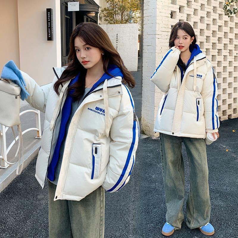 Padded clothes women's autumn and winter stripes color matching velvet thickened hooded top trendy casual padded clothes loose padded jacket