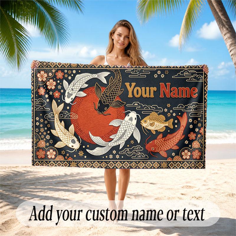 Koi Fish Theme Beach Towel Personalized Custom Name & Text Soft Quick Dry Beach Towel for Swimming Travel