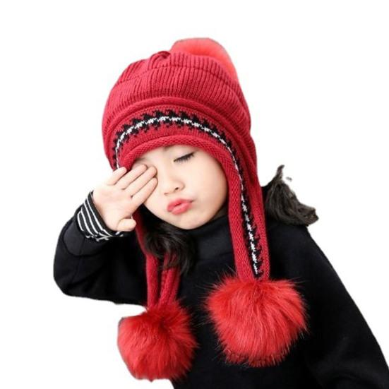 3-12 Years Autumn Winter Kids Beanie Hairball Solid Color Thickened Fleece Lined Jacquard Baby Girls Knitted Hat for Outdoor