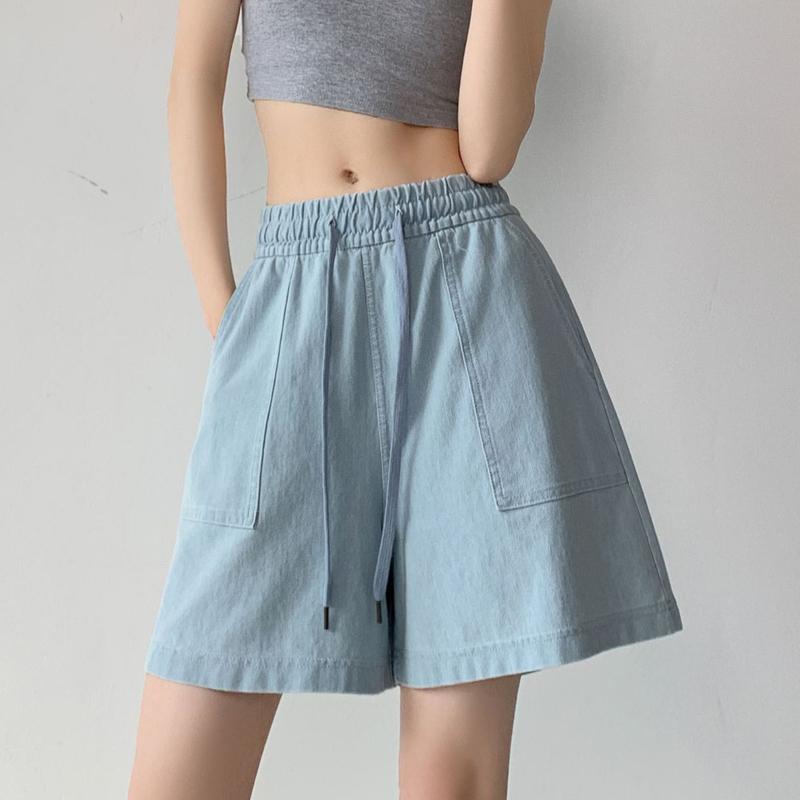 

Летние женские свободные джинсовые шорты Модные карманы на шнурке Широкие джинсовые шорты Элегантные короткие джинсы трапециевидной формы Повседневные короткие брюки со складками на талии 948 XL светло-синий