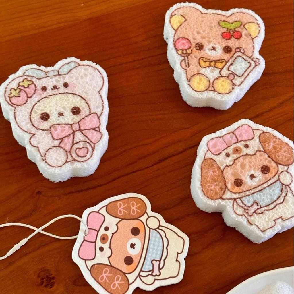 Rilakkuma Cartoon Dishwashing Sponge - Compressed Wood Pulp Cotton Scrubber