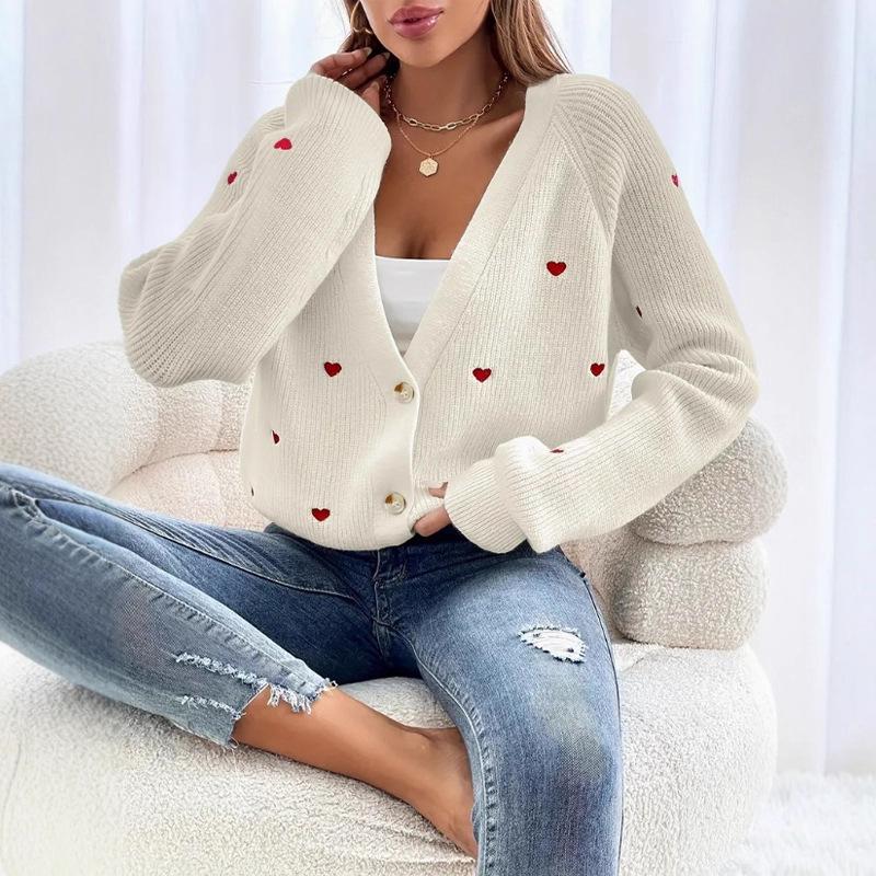 love embroidered knitted sweater jacket, European, American autumn and winter single-breasted V-neck hair