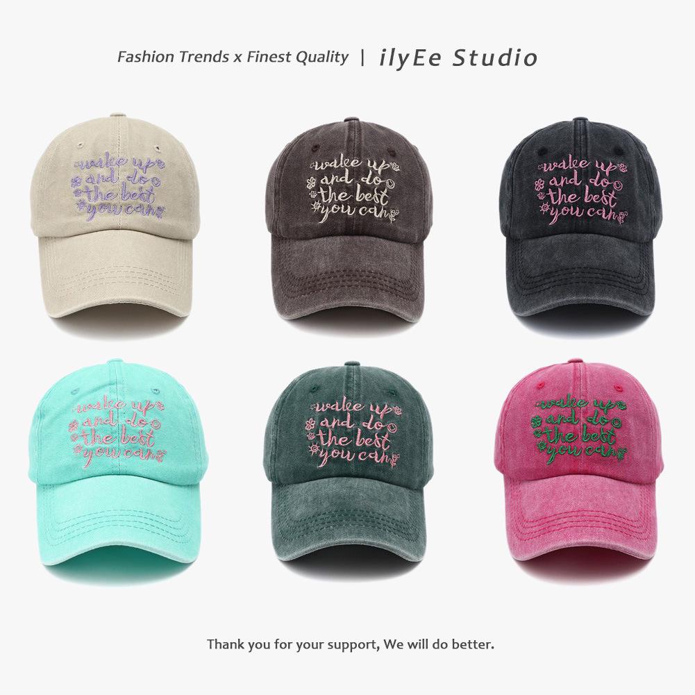 Spring/Summer Washed Cotton Curved Brim Baseball Cap with Letter Embroidery - Unisex Flat-Top Military Style