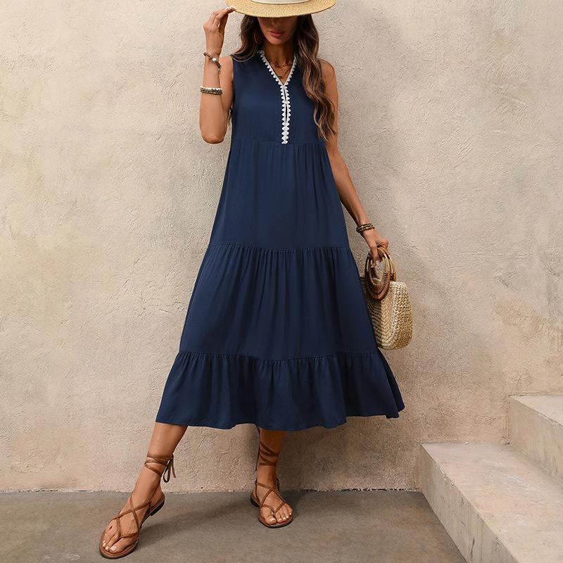 Spring/Summer New Color-Contrasting V-Neck Wide-Armhole Frill Sleeveless Beachy Long Dress for Women
