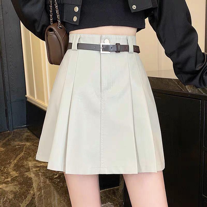 High-Waisted Black Leather A-Line Pleated Mini Skirt - Women's Spring/Autumn Fashion, Petite