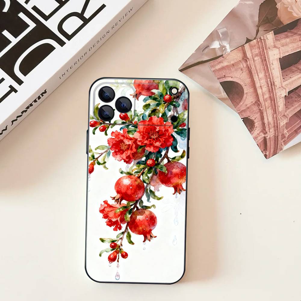 Pomegranate Flower Pattern For iPhone 17,16,15,14,13,12,11,Pro,Max,Plus,E,SE4,Air,Mini Black Soft Cover Phone Case