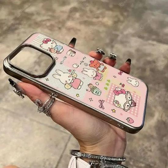 Electroplated Silver Frame Hello Kitty & Miffy Rabbit Case for Apple 17 Pro Max 16 Transparent 15 Simple 14/13 Pro