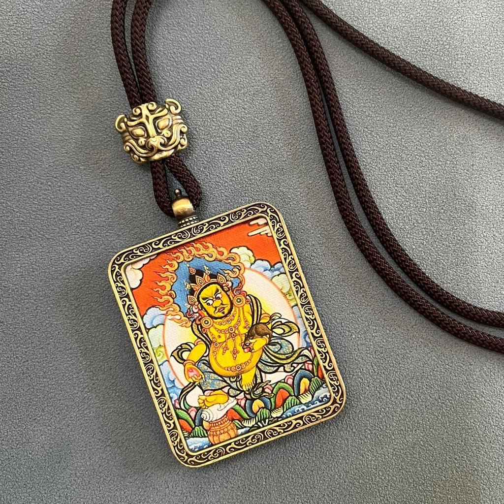 Thangka Pendant Necklace - Yellow & Black Guardian Buddha Amulet