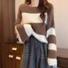 Striped Knit Sweater with Lantern Sleeves for Women Warm Sweater Fashionable Short Top