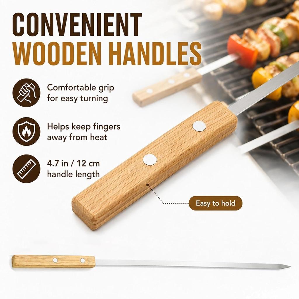 IMEEA Stainless Steel BBQ with Wooden Flat Long for and Outdoor with Storage Skewers, 10-Piece Set, 60cm, Handles, Design, Skewers, BBQ, Camping,