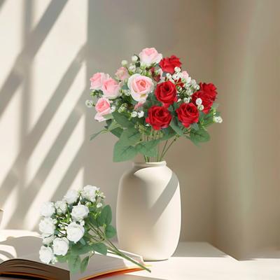 Artificial Rose Flower Bouquet with Green Leaves Stem Realistic Reusable Faux Floral