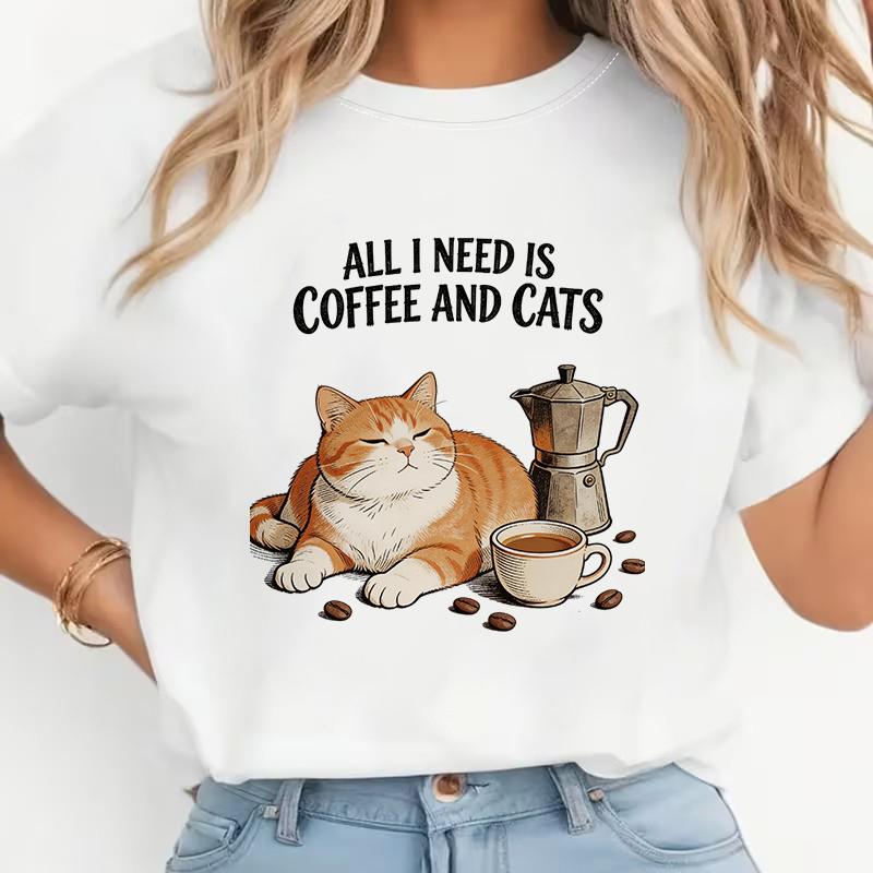 

90s Graphic Y2k Tops Tshirt Women s Casual Short Sleeve Tee Clothes All My Need Is Coffee and Funny Cat Print - Men s Summer ... S