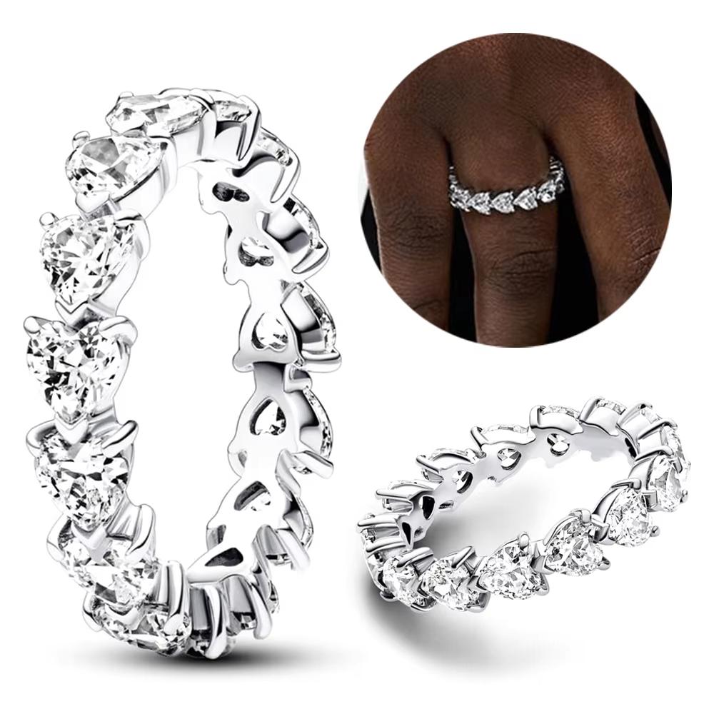 Heißer Verkauf 925 Silber Schwarz Funkelnder Reihe Ewigkeitsring Rosa Herzring für Damen CZ Zirkonia Hochzeitsschmuck Ringe Geschenke
