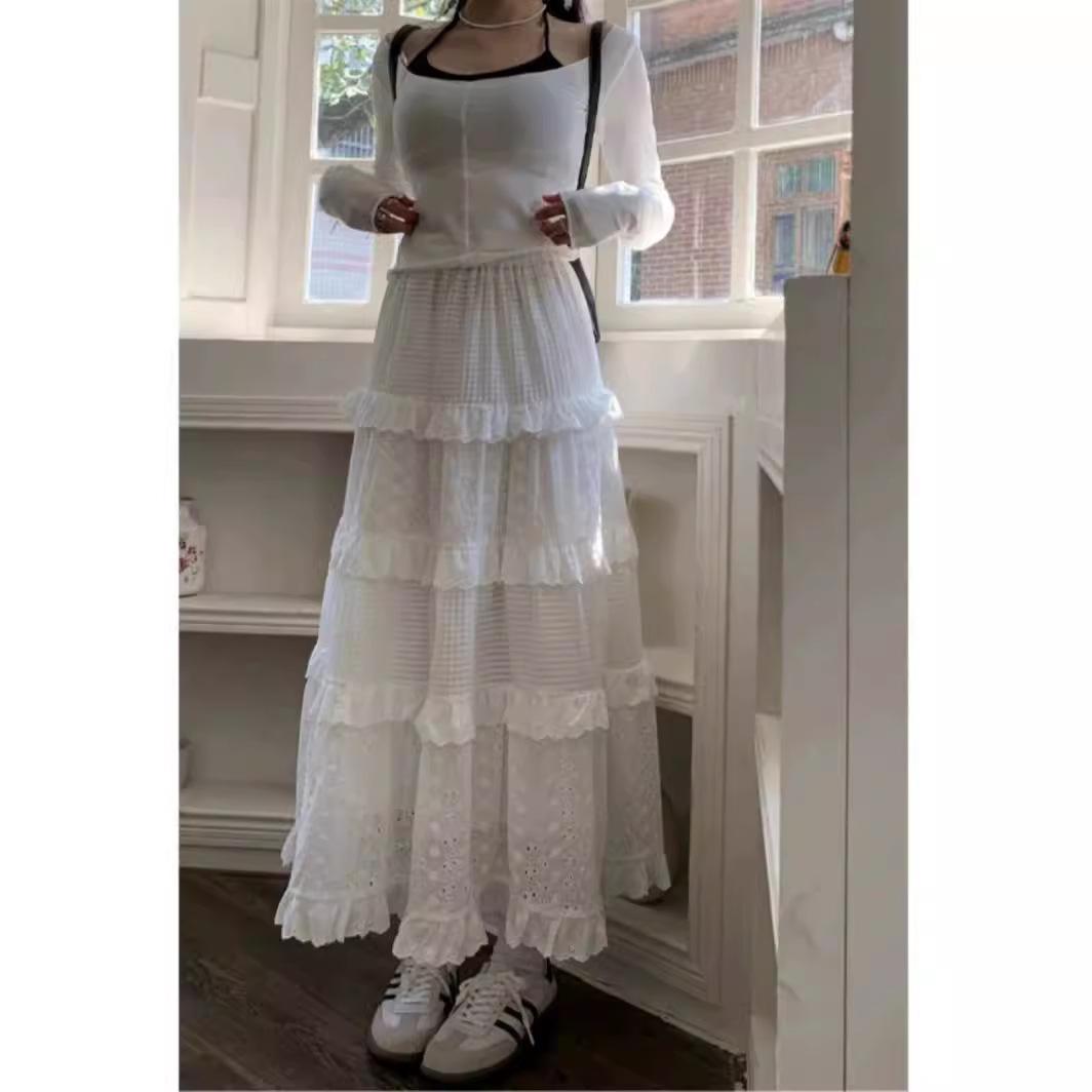 

Женская весенняя юбка средней длины с ажурным вязанием крючком, с завышенной талией, А-силуэта, многоярусная юбка-торт, длинная белая юбка XL белый