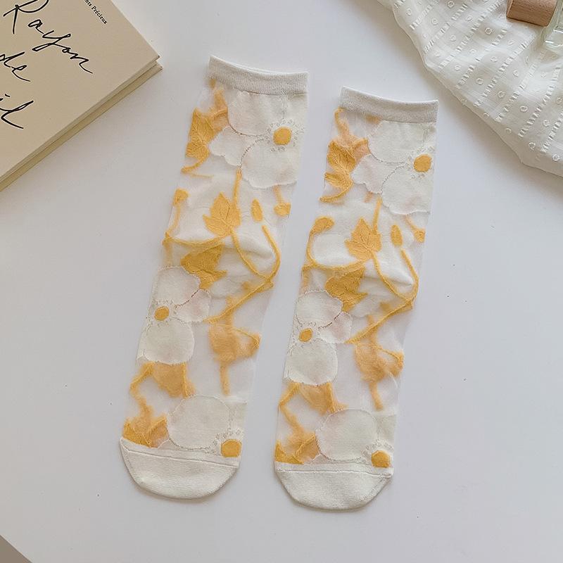 Spring/Summer Ultra Thin Vintage Crystal Silk Stockings for Women Socks for Women Mid-tube Stockings Breathable Cotton Sole Glass Silk Stockings