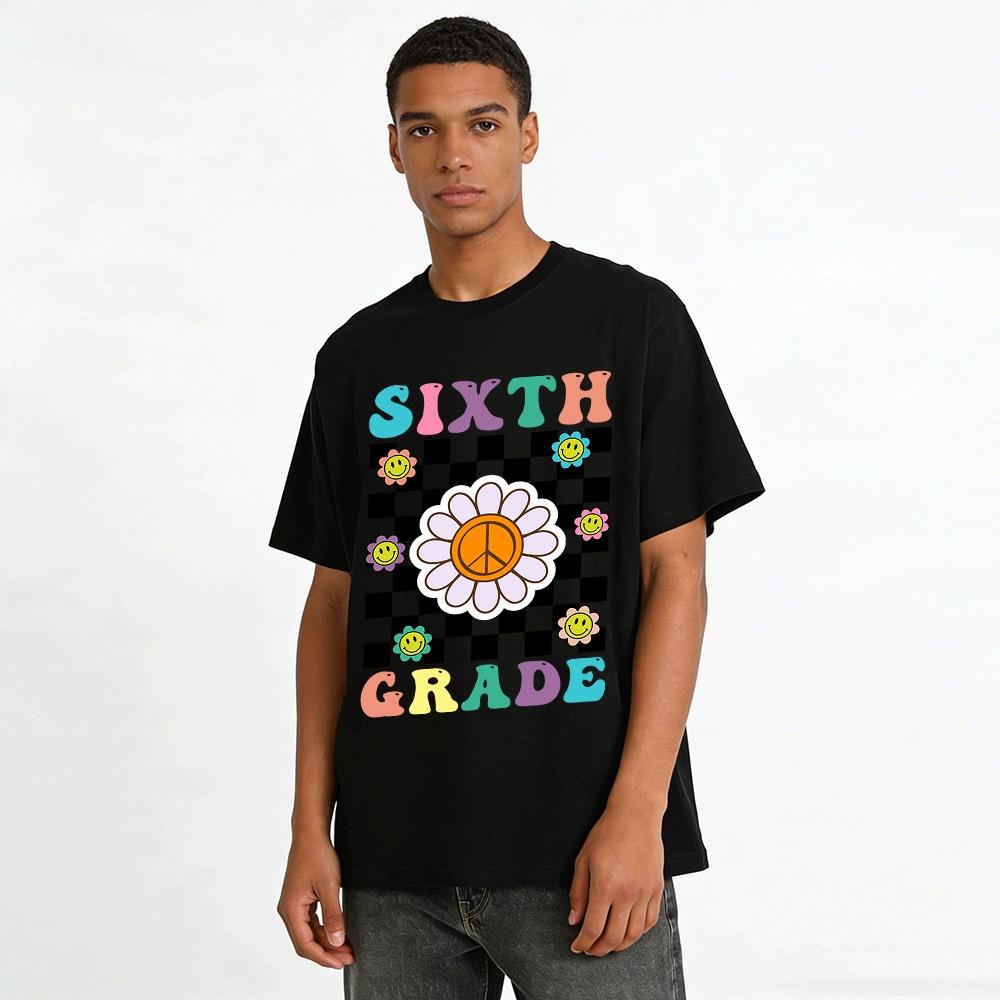Groovy Sixth Grade Peace Sign Checkered Kids Top Pure cotton T-shirt