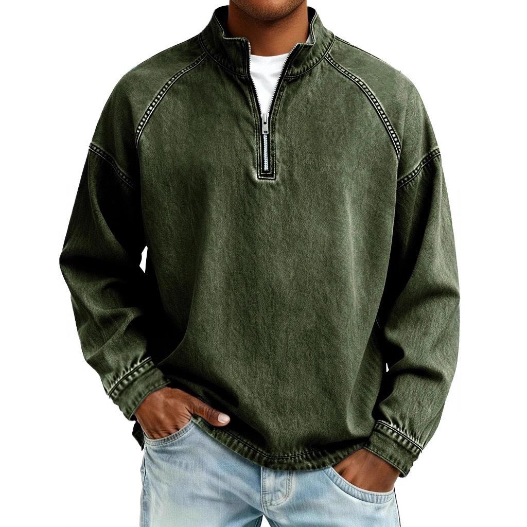 2025 Autumn/Winter Men's Long Sleeve Half-Zip Distressed Denim Hoodie