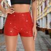 Women Shorts High Elastic Waist Shiny Sequin Solid Color Straight Slim Fit Soft Breathable Above Knee Length Club Party Beach Mini Shorts