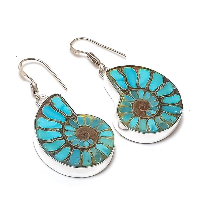 Natural Blue Titanium Ammonite 925 Sterling Silver Jewelry Earring 1.97  AE-11863