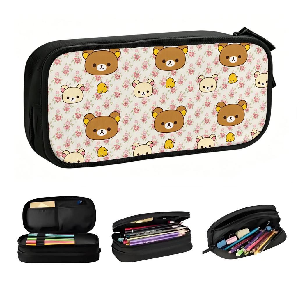 Cute Rilakkuma Korilakkuma Kiiroitori Pencil Case for Girls Boys Cartoon Seamless Pattern Pen Box Bag School Accessories