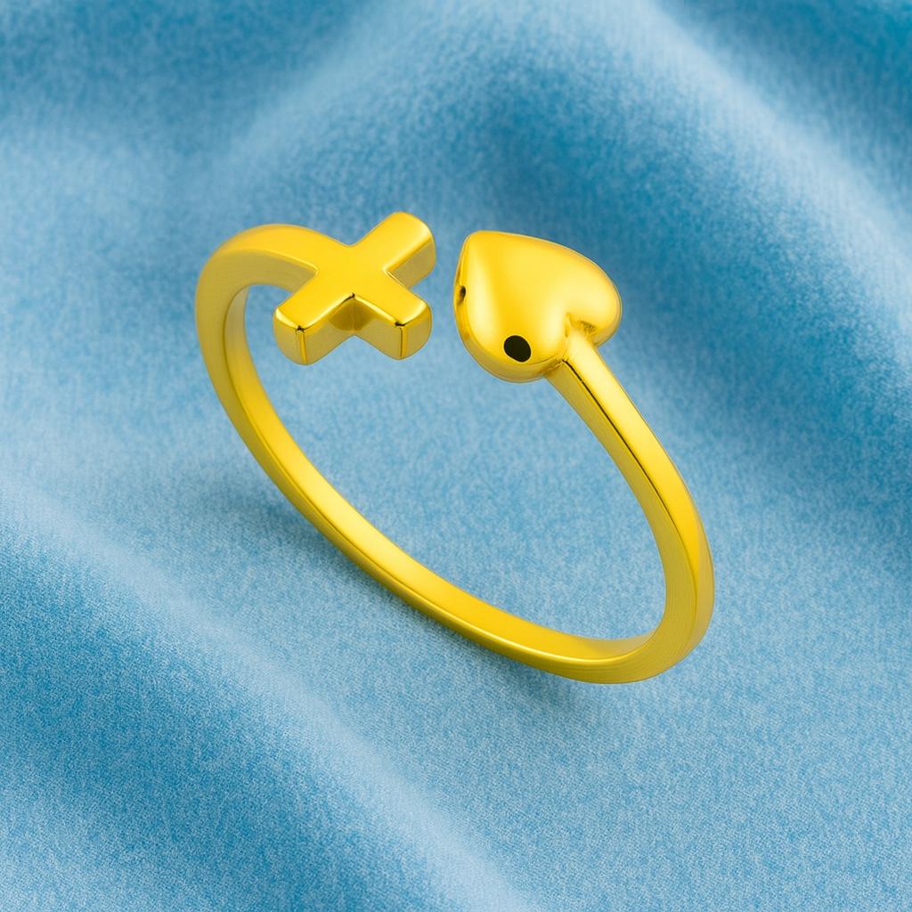 925 Sterling Silver Gold Vermeil Cross and Heart Open Adjustable Women Ring