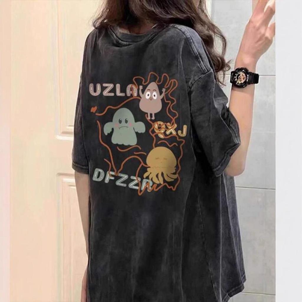 American Retro Unisex Distressed Oversized T-Shirt - Summer Short Sleeve, Straight Shoulder, Plus Size
