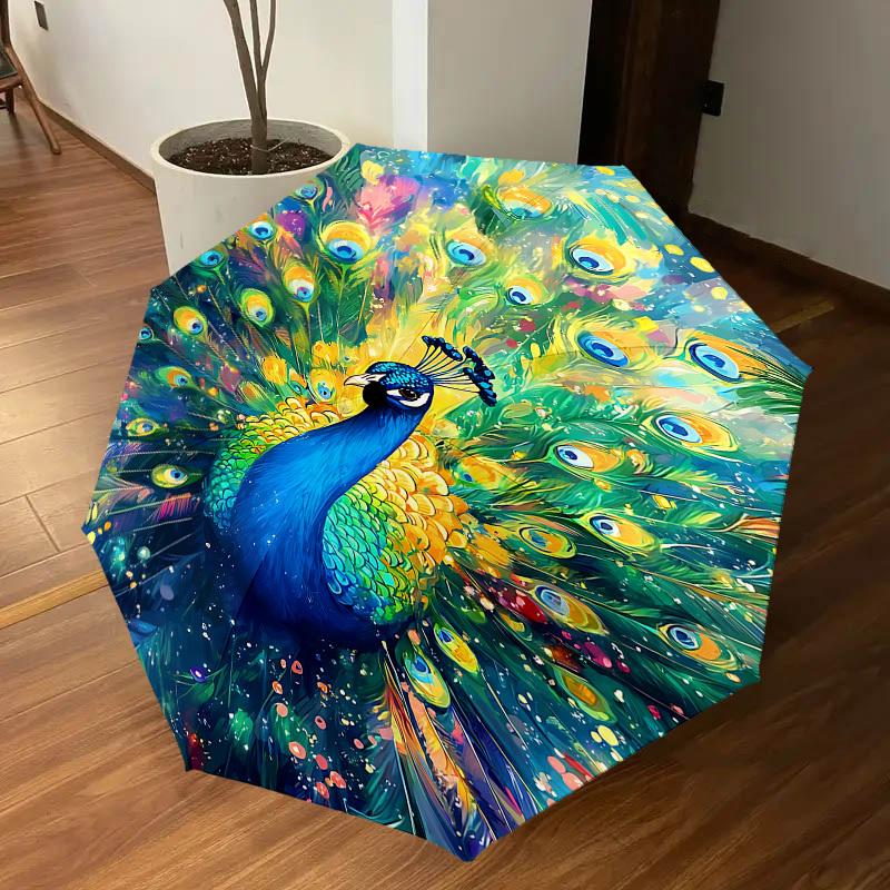 1PC peacock colorful Automatic Open/Close Umbrella with Windproof, 8-Rib Sturdy Canopy, Durable Ribs, Fashionable Design, Outdoor Accessory, Fun Prin,