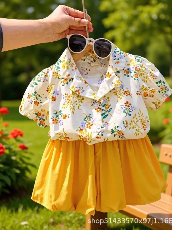 

Girls Floral Lapel Shirt & Yellow Lantern Shorts - Summer 2025 Korean Style Two-Piece Set 100 cm